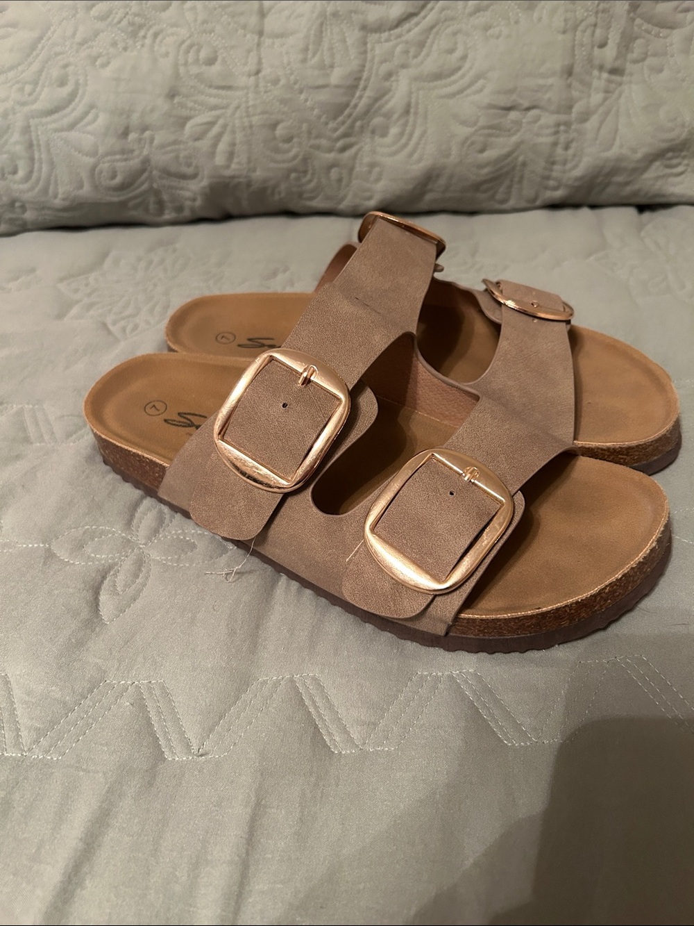 Seven7 Taupe Brown Sandal Slides with Rose Gold Buckles